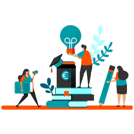 An illustration of people working with books and pencils. A light bulb, mortarboard and Euro symbol indicate that they are working with standards.