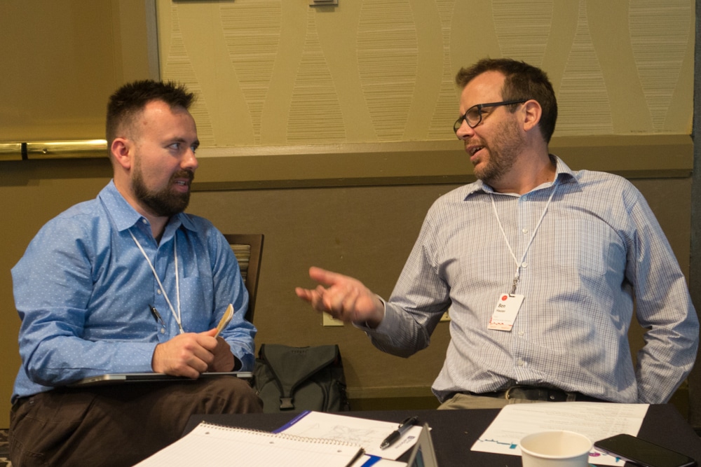 Typefi's IT Director Karl Jankowski and VP Engineering Ben Hauser having a discussion at the 2017 Typefi User Conference.