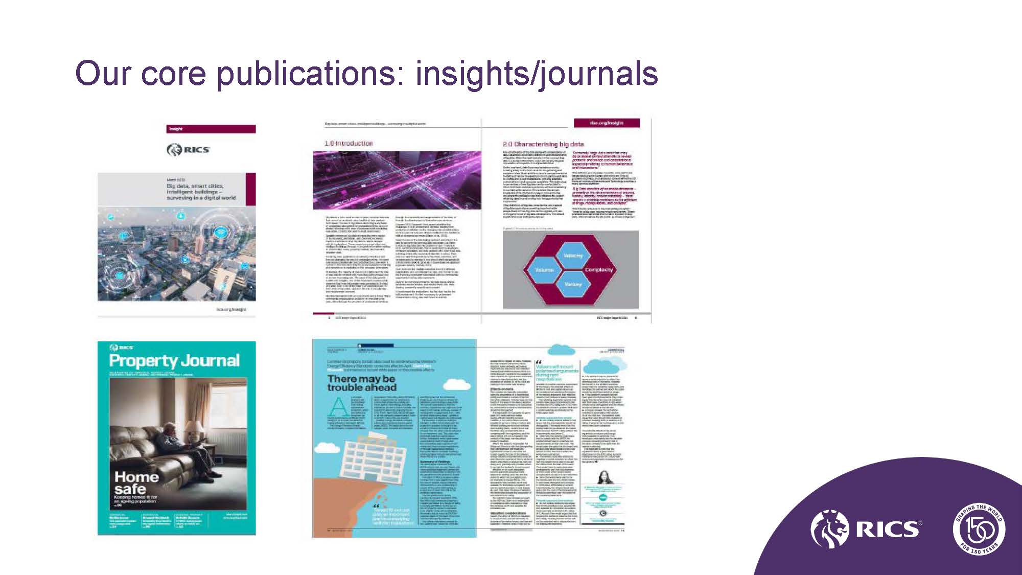 Slide with screenshots of a cover and internal spread from a RICS Insights white paper with images, titles, text, and a diagram, as well as a cover and internal spread from the RICS Property Journal, which has a magazine-style layout.