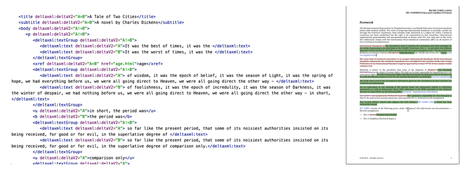 Side by side comparison of delta XML comparison output file from DeltaXML and Typefi PDF showing XML comparison visually.