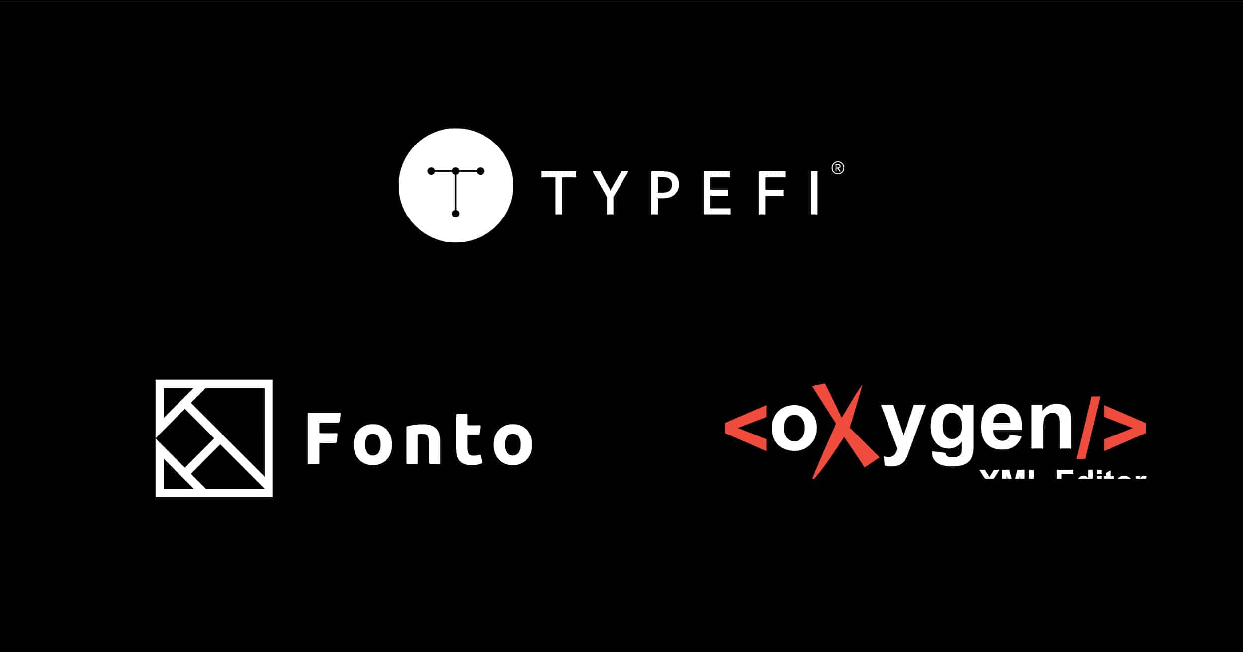 Image showing Typefi logo with that of our XML web authoring partners, Fonto and Oxygen, from Syncro Soft