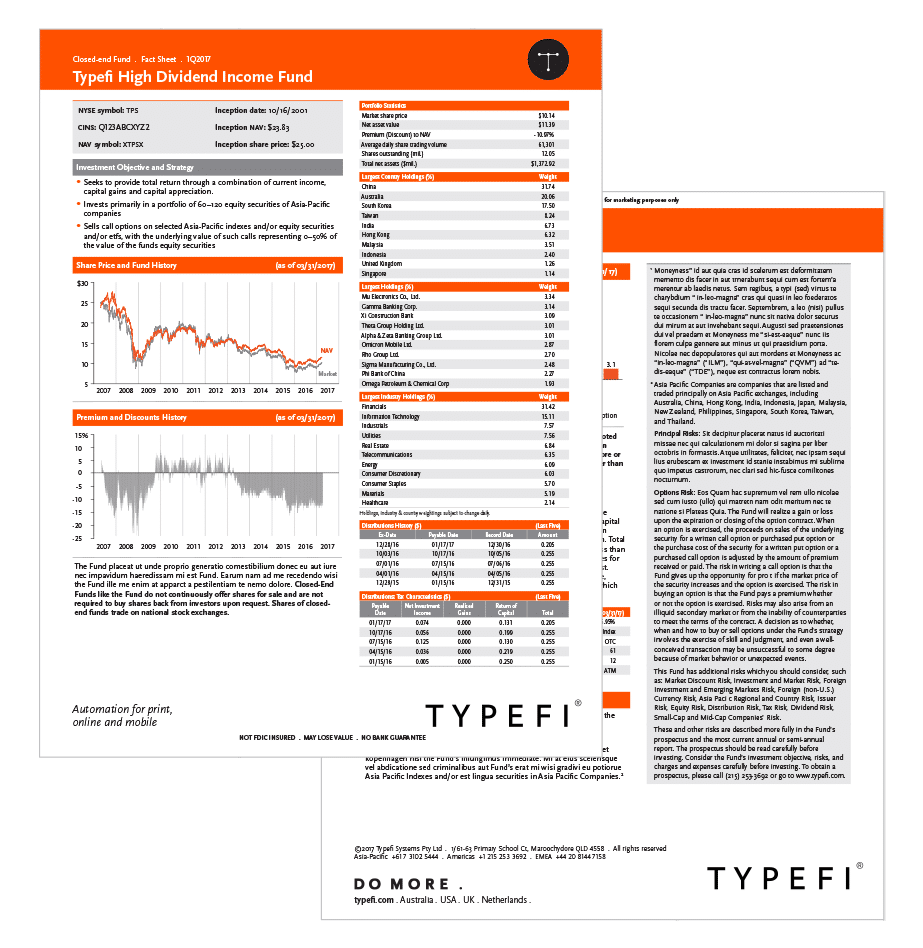 A sample fund fact sheet produced with Typefi showing graphs, charts, and tables