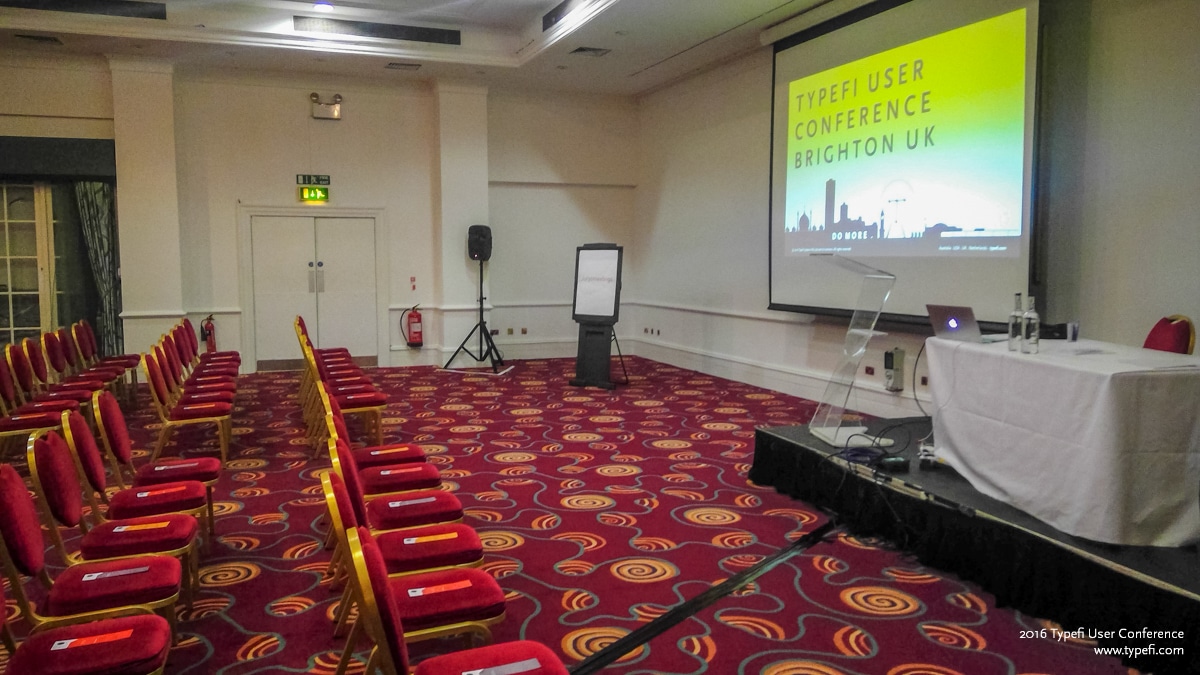 Conference room set up and ready to welcome customers, technology partners and friends to the 2016 Typefi User Conference in Brighton, UK.