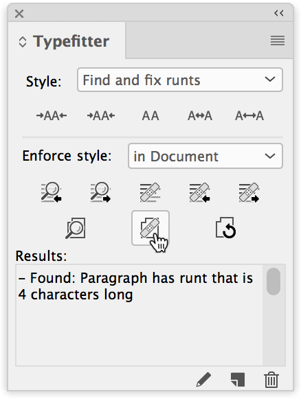 Typefitter panel in InDesign showing that Typefitter has found a paragraph with a runt that is four characters long