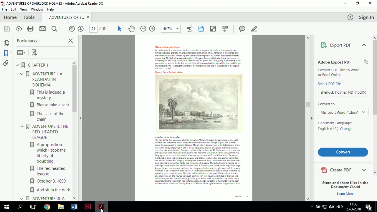 A page from the Adventures of Sherlock Holmes PDF, showing a drawing of a coastal scene in the middle of the page. The Figure title is missing a colon between the label and the description.