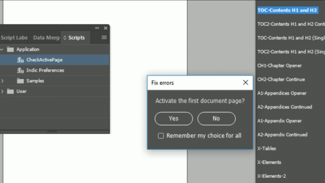 The Fix errors dialogue, which asks 'Activate the first document page?' There are Yes and No buttons, and a checkbox to remember the choice in the future.