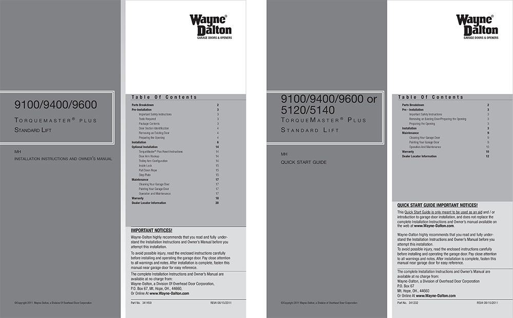 Covers of Wayne Dalton Installation Guides and Quick Start Guides, two different versions for the same product.