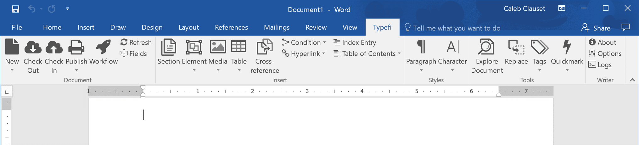 A screenshot of the Typefi Writer 8.4 ribbon in Microsoft Word.