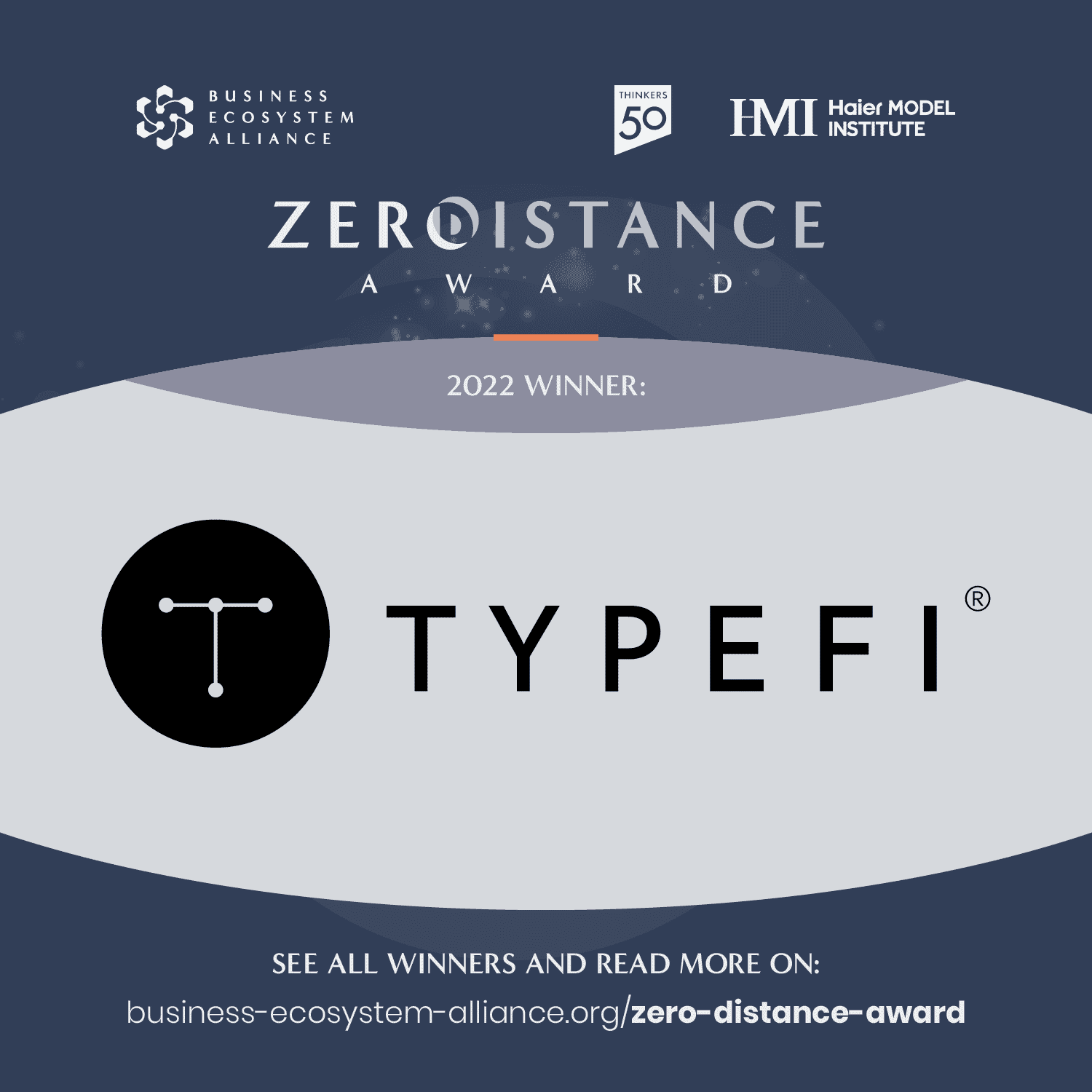 Promotional image from Business Ecosystem Alliance announcing that Typefi is an individual winner of a Zero Distance Award 2022.