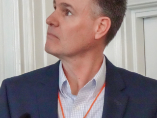David Popham looks seriously at the screen during his 2019 Typefi User Conference presentation.
