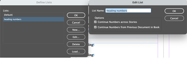 Screenshot of InDesign defining and editing list feature