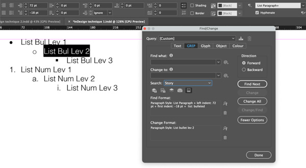 InDesign screenshot showing find change dialogue box