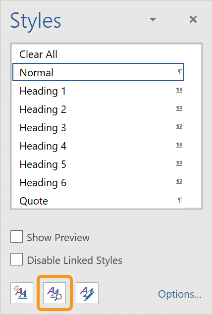 Screenshot showing the location of the Style Inspector button in the Microsoft Word Styles pane (Windows).