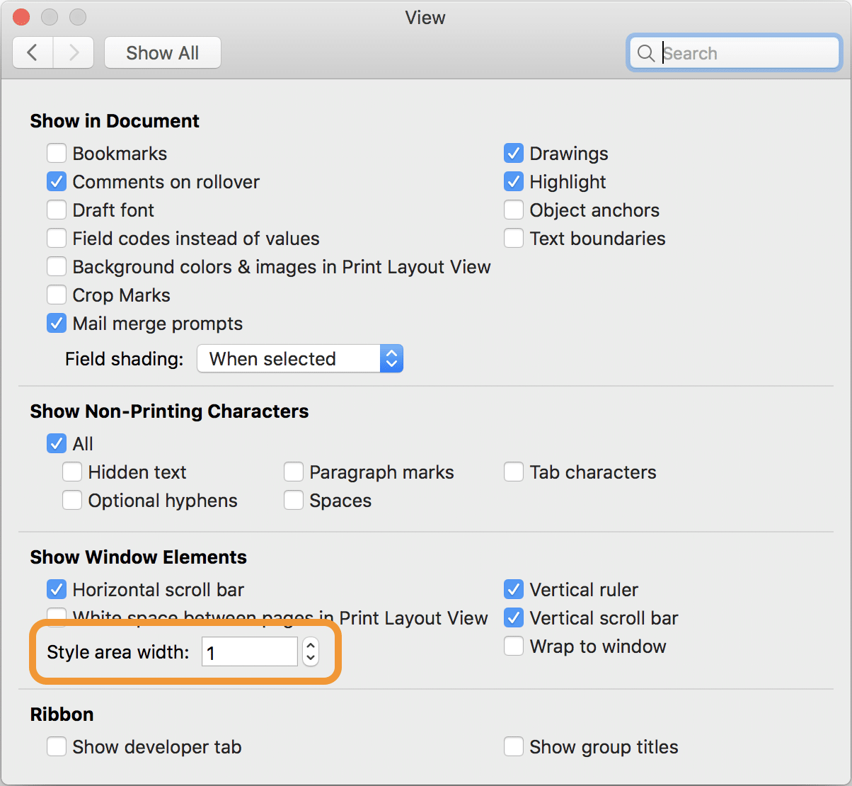 Screenshot of Word's View preferences (Mac) showing the location of the 'Style area width' option.