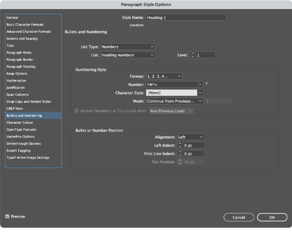 InDesign screenshot of Paragraph Styles Options dialogue box with Bullets and Numbering section displayed