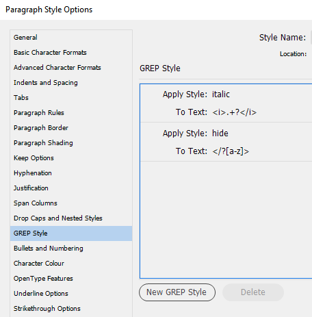 InDesign's Paragraph Style Options dialogue with GREP Style highlighted.