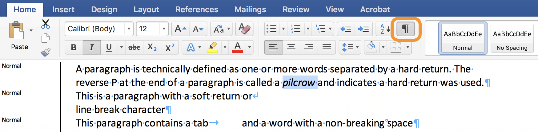Screenshot showing the location of the Show/Hide button on the Microsoft Word ribbon.