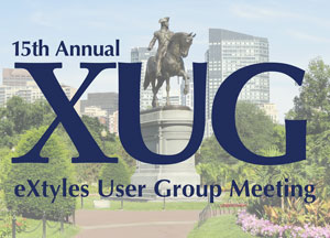 15th Annual XUG eXtyles User Group Meeting overlaid on an image of the George Washington statue in Boston Public Garden with city buildings visible in the background.